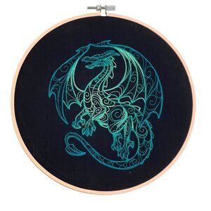 Dragon Embroidery Wall Hanging Art Teal Black in Bamboo Hoop 9.5" Handmade New